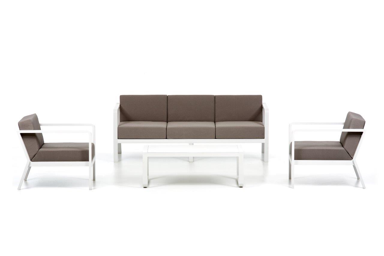 Set Sofa Barrel colore bianco salottino alluminio cuscini grigi divano poltrone Set Sofa Barrel colore bianco salottino alluminio cuscini grigi divano poltrone