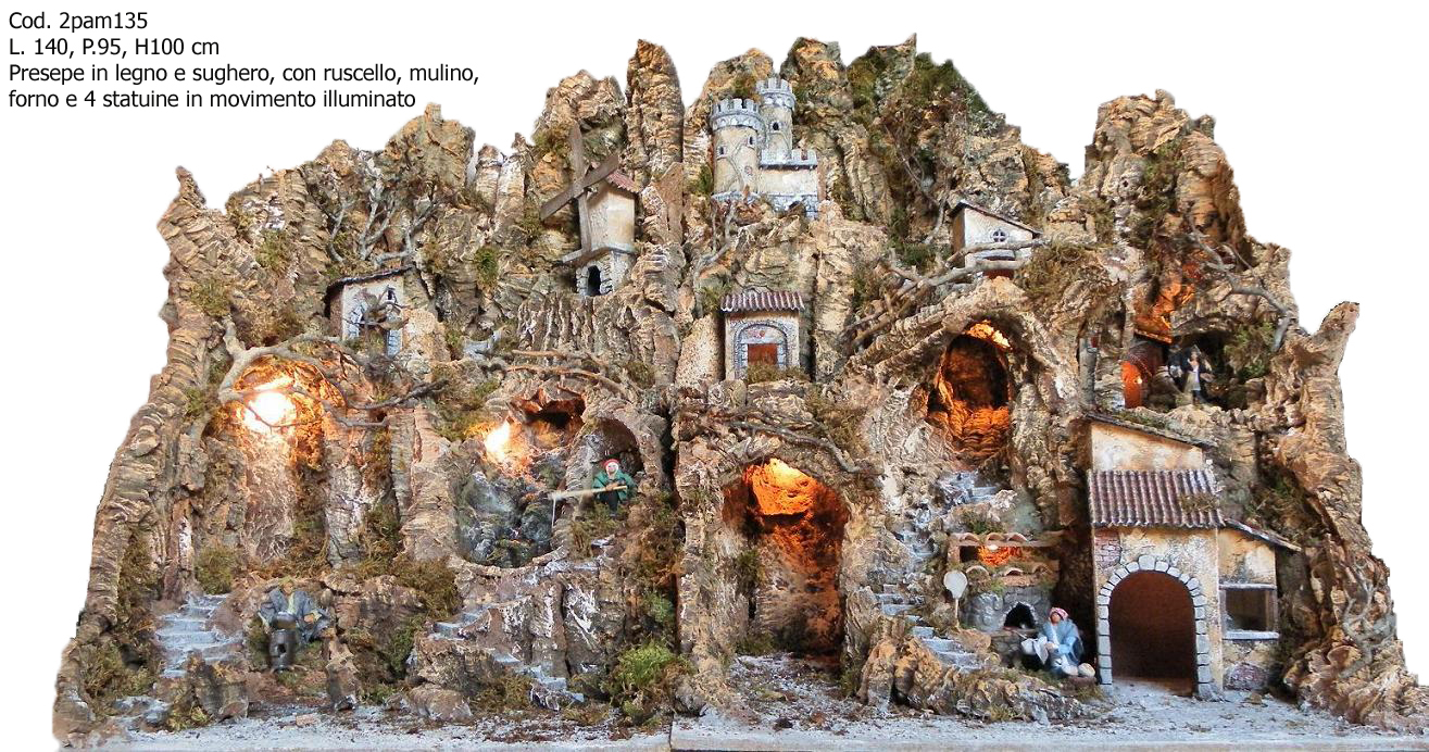 Presepe artigianale con ruscello, mulino, forno, luci e 4 pastori con movimento Presepe artigianale con ruscello, mulino, forno, luci e 4 pastori con movimento