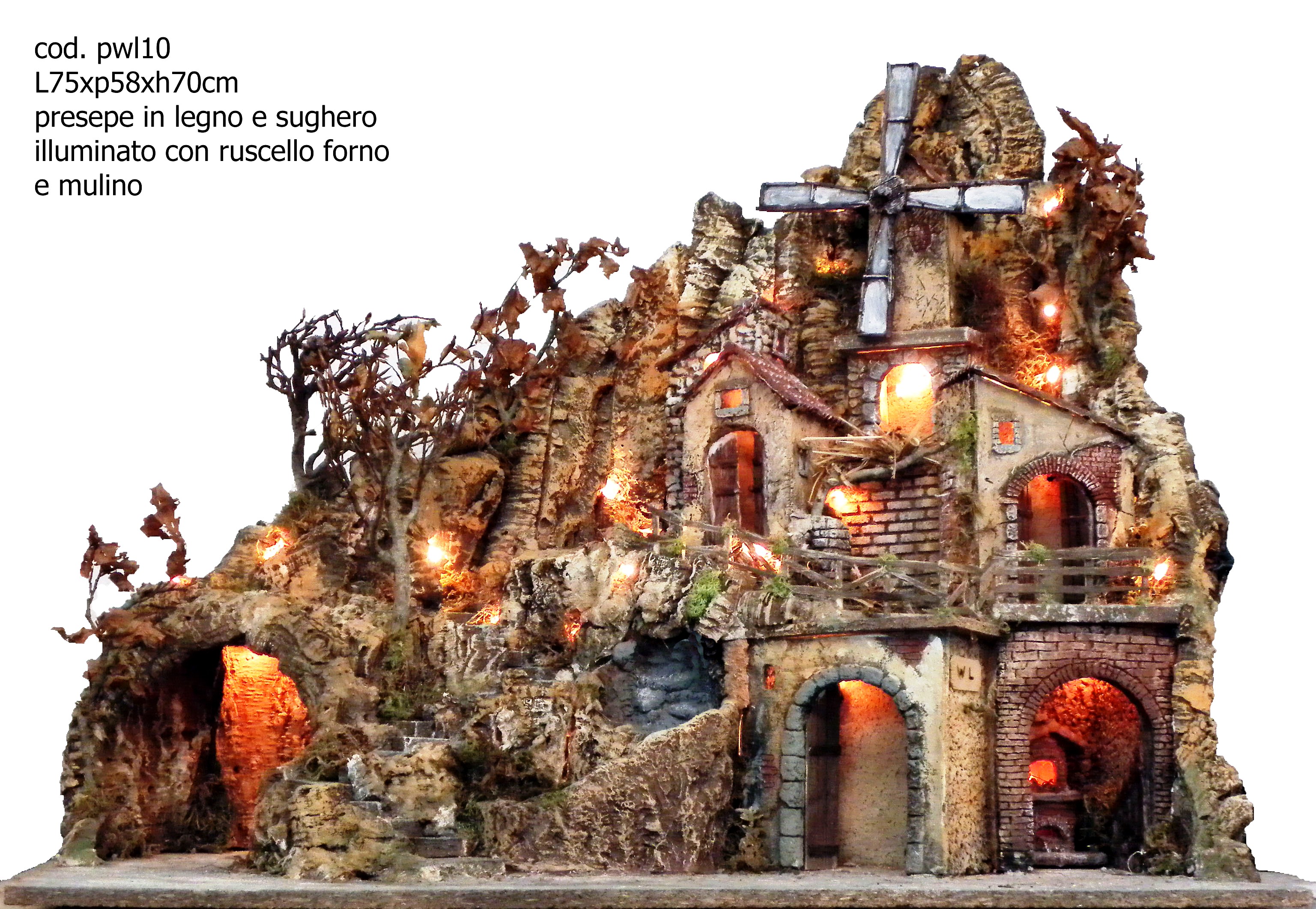 Presepe artigianale mod. PWL10 ruscello, mulino, forno luci misura 75x58x70h cm Presepe artigianale mod. PWL10 ruscello, mulino, forno luci misura 75x58x70h cm