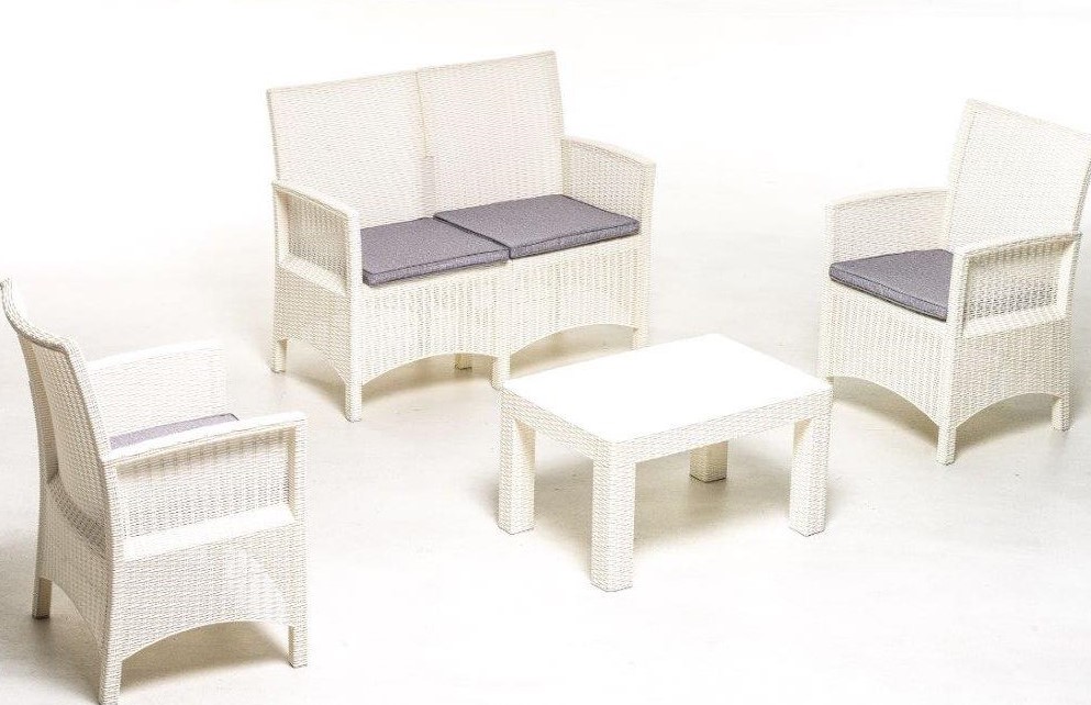 Set sofa salottino London polipropilene con effetto rattan cuscini sfoderabili