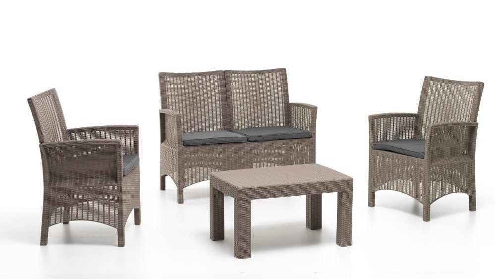 Set sofa salottino London tortora polipropilene stile rattan cuscini sfoderabili Set sofa salottino London tortora polipropilene stile rattan cuscini sfoderabili