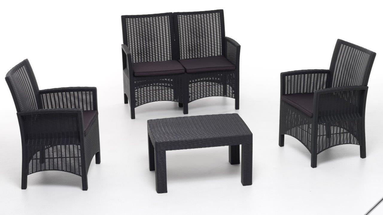 Set sofa salottino London antracite polipropilene rattan cuscini sfoderabili