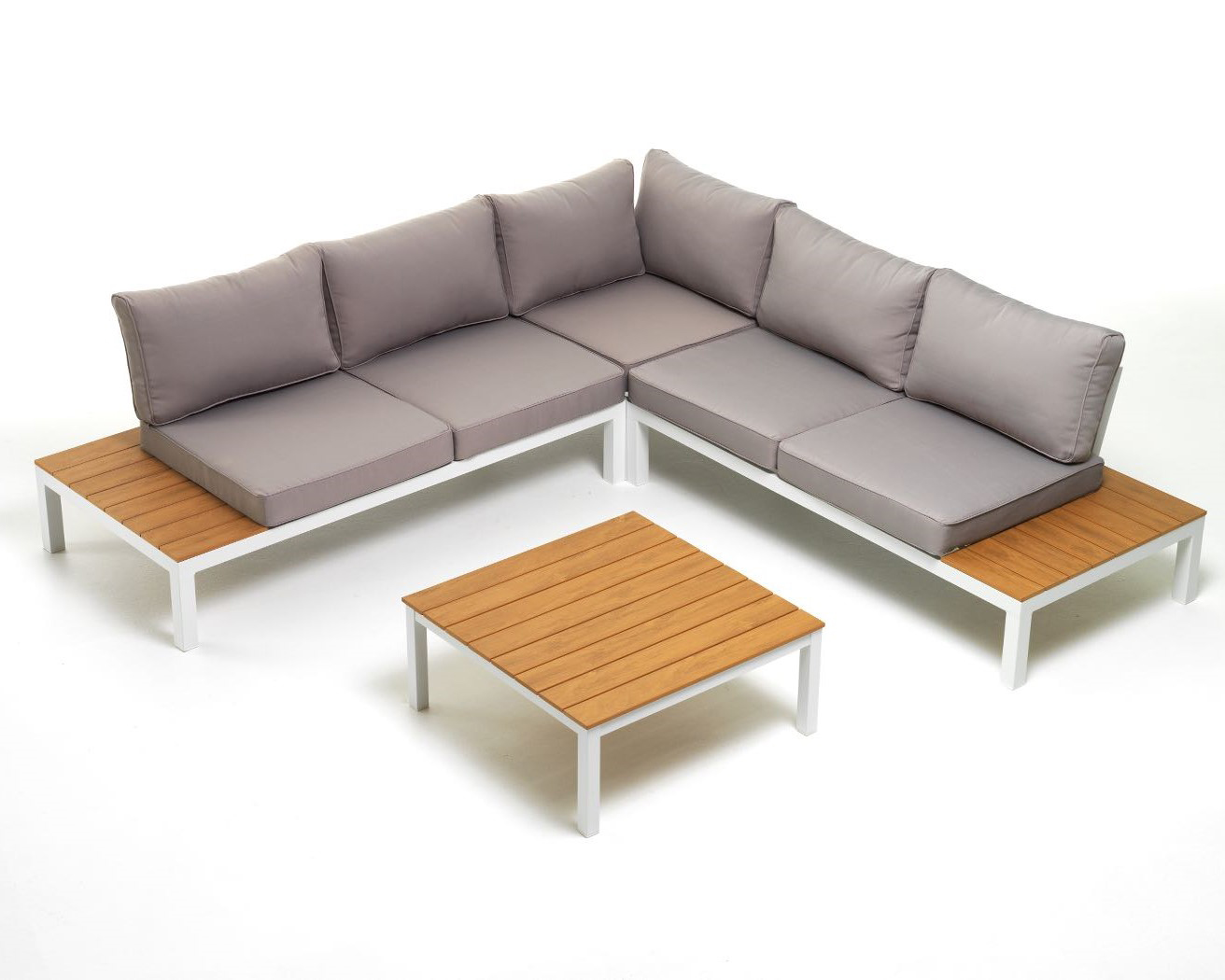 Set Sofa Lounge ad angolo mod. Beverly bianco polywood colore teak M094902-08 Set Sofa Lounge ad angolo mod. Beverly bianco polywood colore teak M094902-08