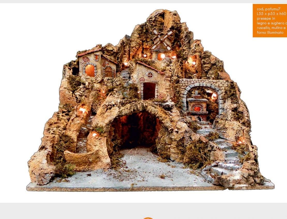 Presepe Pafumu7 Legno Sughero con RUSCELLO Mulino E Forno Illuminato L55XP55XH60 Presepe Pafumu7 Legno Sughero con RUSCELLO Mulino E Forno Illuminato L55XP55XH60