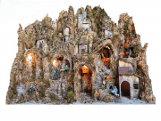 Presepe artigianale con ruscello, mulino, forno, luci e 4 pastori con movimento