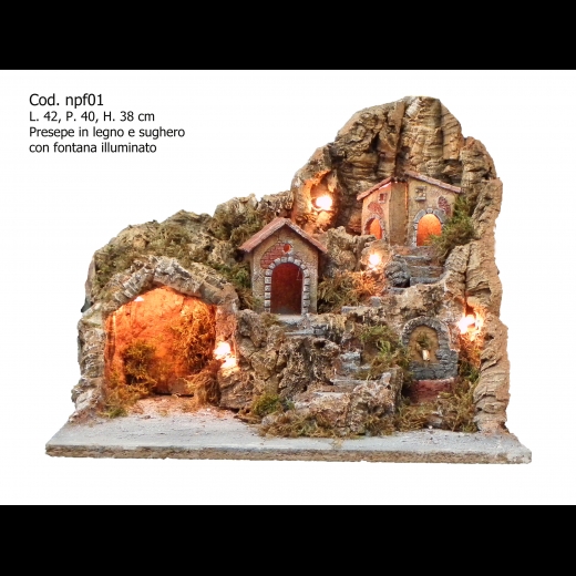 PRESEPE IN LEGNO E SUGHERO CON FORNO ILLUMINATO MISURA 42X40X38H CM
