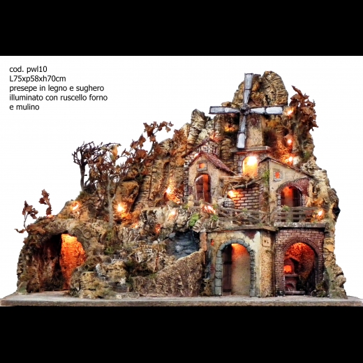 Presepe artigianale mod. PWL10 ruscello, mulino, forno luci misura 75x58x70h cm