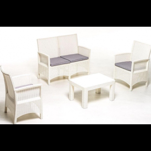 Set sofa salottino London polipropilene con effetto rattan cuscini sfoderabili