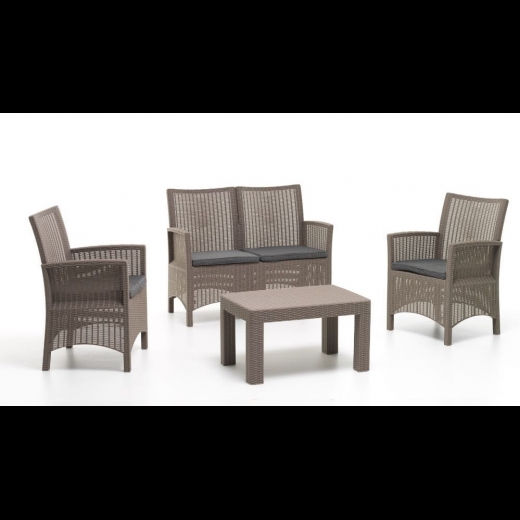 Set sofa salottino London tortora polipropilene stile rattan cuscini sfoderabili