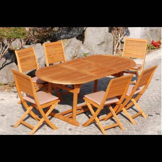 Set in legno Eucalypto con tavolo ovale 180/240x100 cm noce 6 sedie pieghevoli