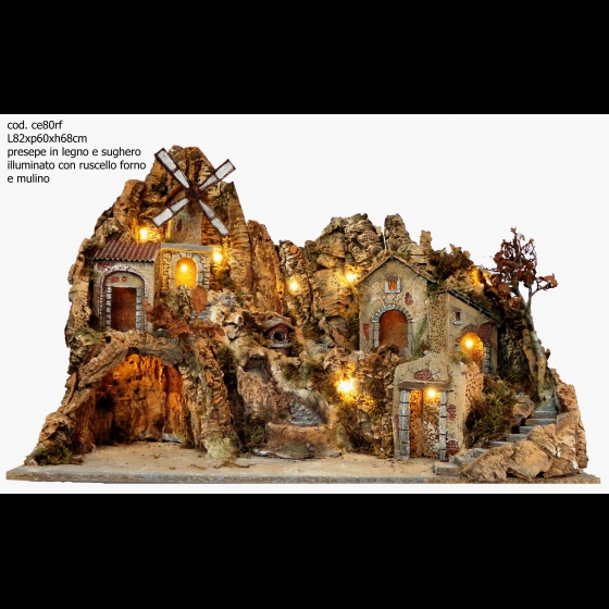 Presepe CE80RF artigianale con ruscello, mulino, forno, luci 82X60X68H CM