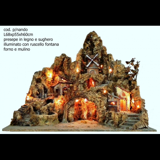 Presepe presepio artigianale napoletano diPNando forno, ruscello mulino 68x55x60