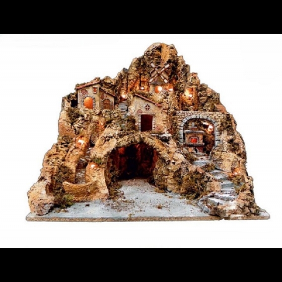 Presepe Pafumu7 Legno Sughero con RUSCELLO Mulino E Forno Illuminato L55XP55XH60